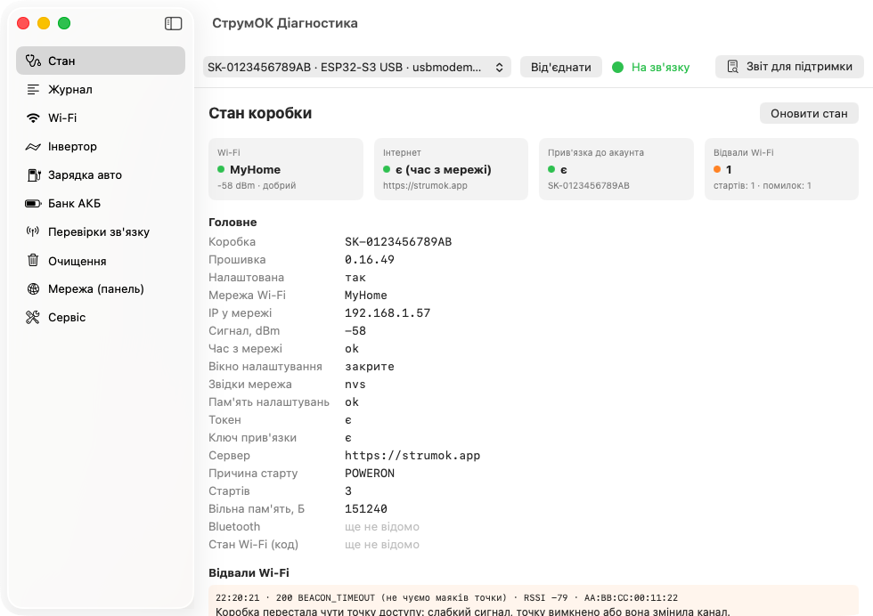 Вікно програми СтрумОК Діагностика: стан коробочки, Wi-Fi, інтернет і відвали зв'язку